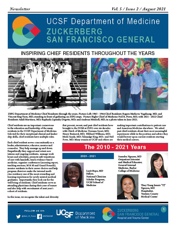 Front page of newsletter showing chief residents from 1963-1964 with chief residents of 2021 - 2022. 
