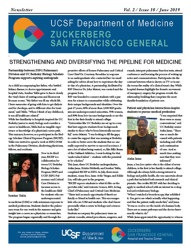 front page of newsletter with medical student photo