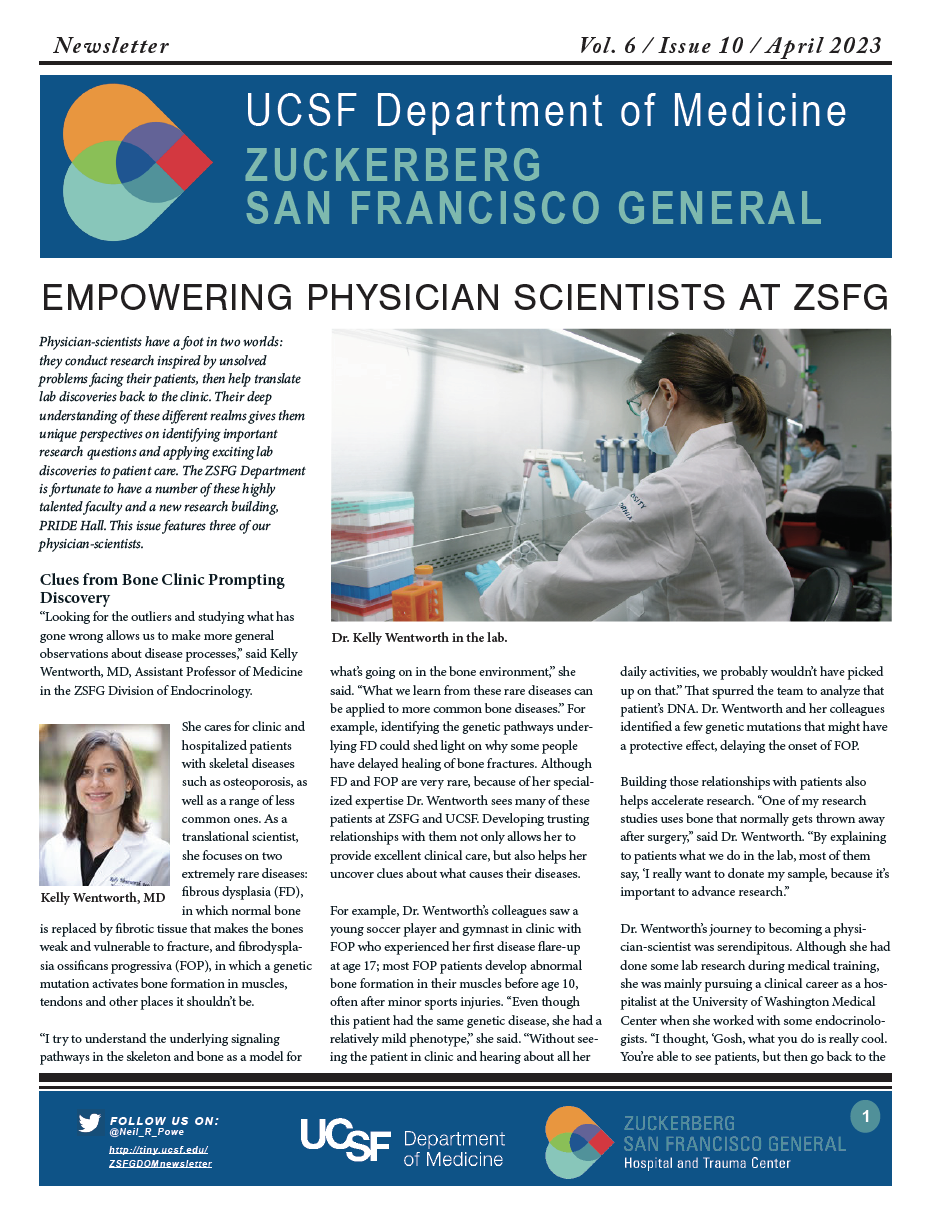 Front page of newsletter with a researcher working in the lab