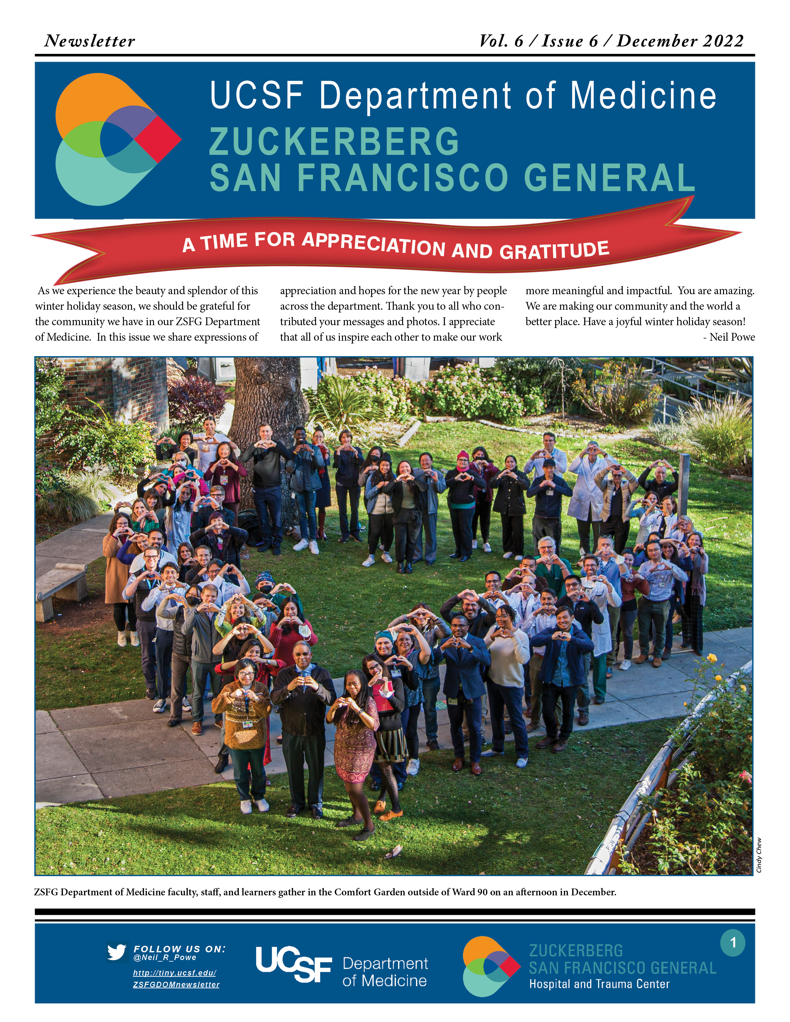 Newsletter cover with red banner that says a time for appreciation and gratitude. Under it is a large photo of people standing on a green lawn with their bodies arranged in a shape of a heart and making a heart shape with their hands. 