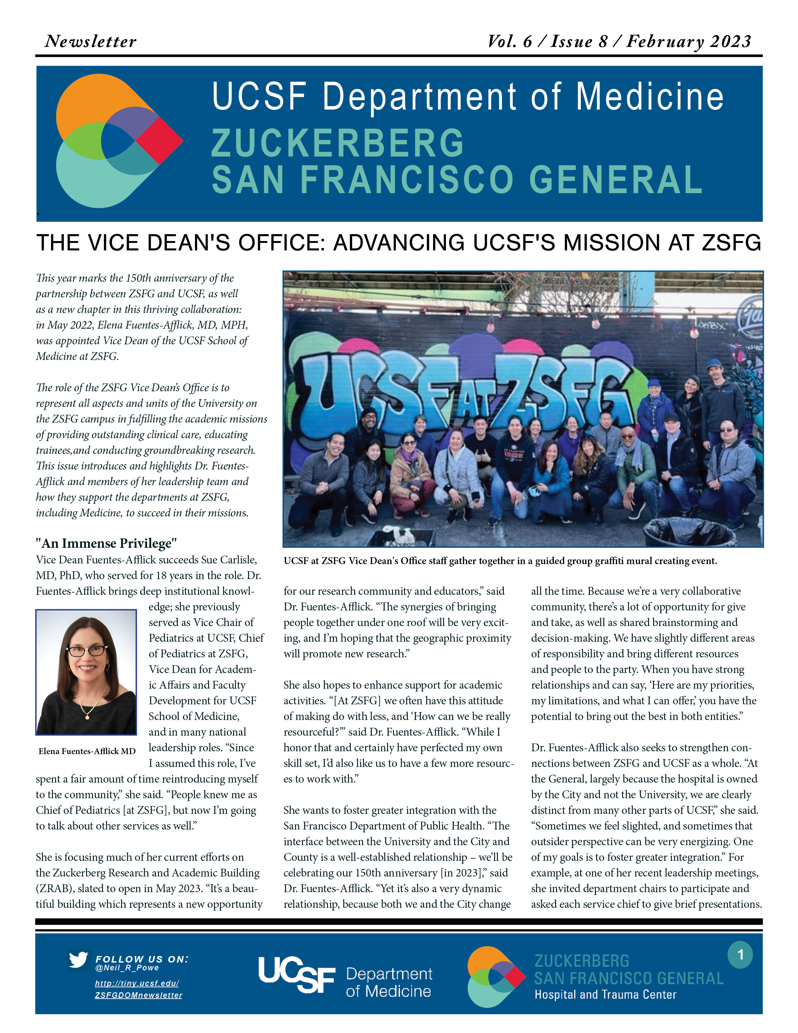 Front page of newspaper with photo of Vice Deans office staff standing in front of graffiti mural that reads UCSF at ZSFG. They are smiling. Below is a headshot photo of Vice Dean Fuentes-Afflick