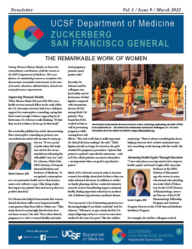 front page of newsletter with photo of orange statues of women scientists