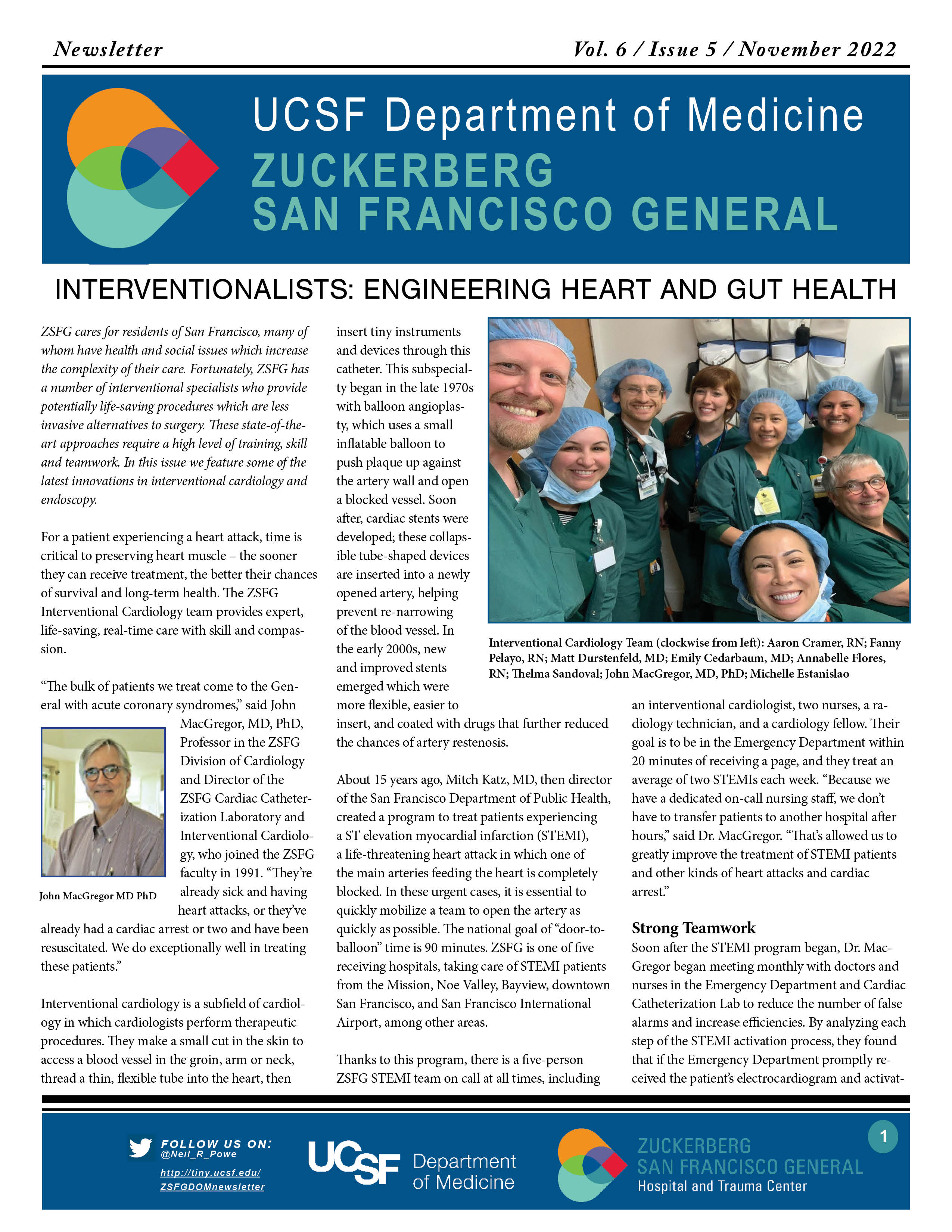 Newsletter cover with photo of cardiology team in upper right with 8 people in scrubs smiling and headshot photo of John MacGregor on left