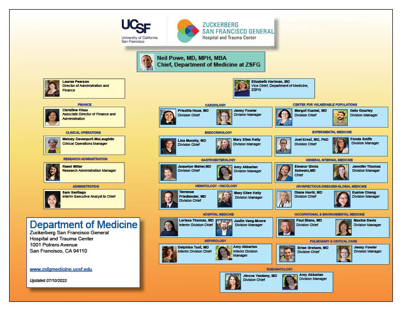 org chart with small headshots on yellow background linking to a PDF of the same org chart